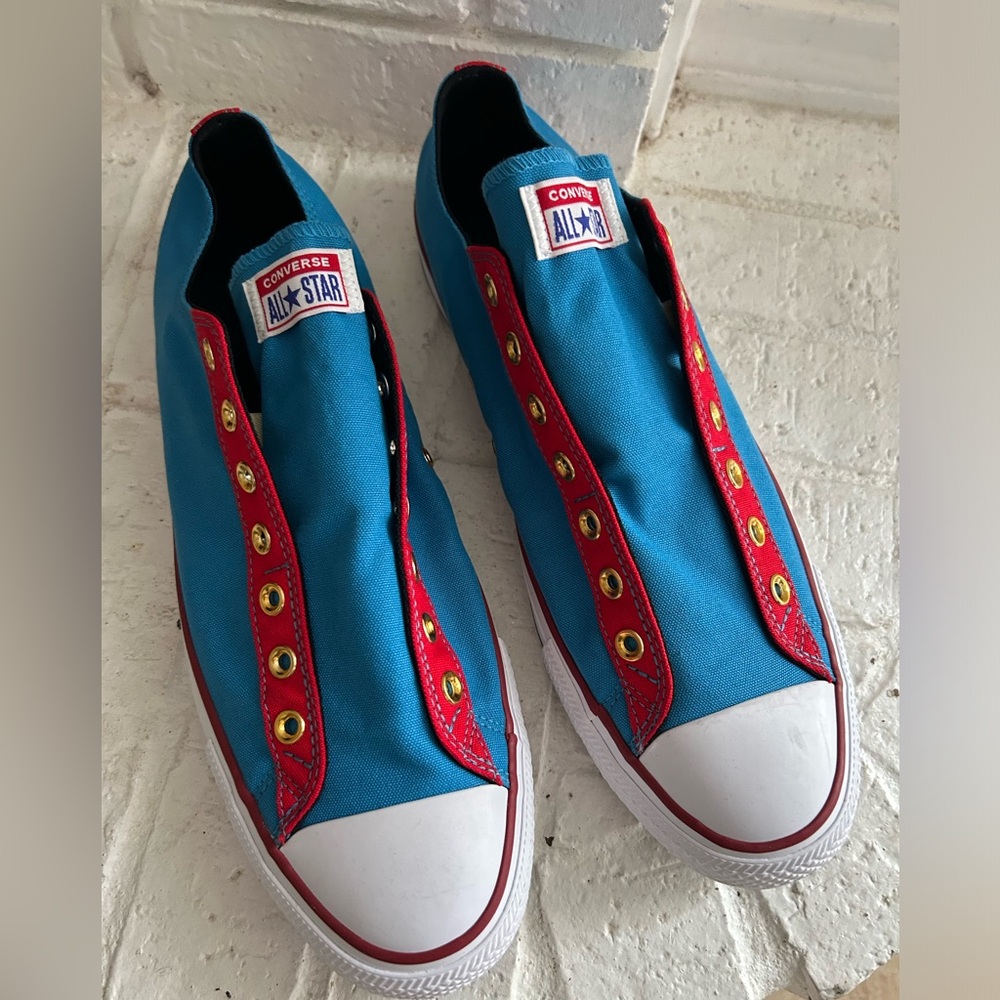 Converse Slip-On Canvas Sneakers in Bright Blue & Red